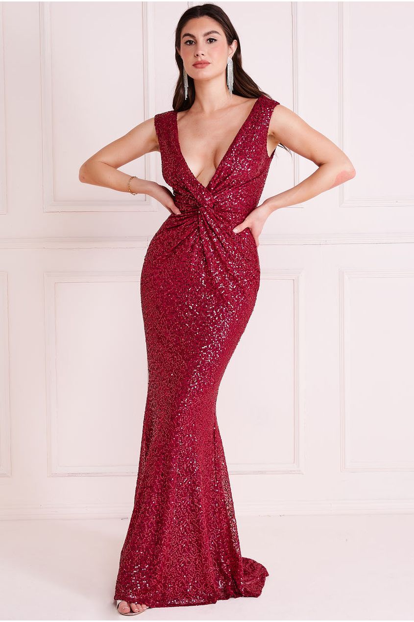 Twisted Front Sequin Maxi - Burgundy DR2723