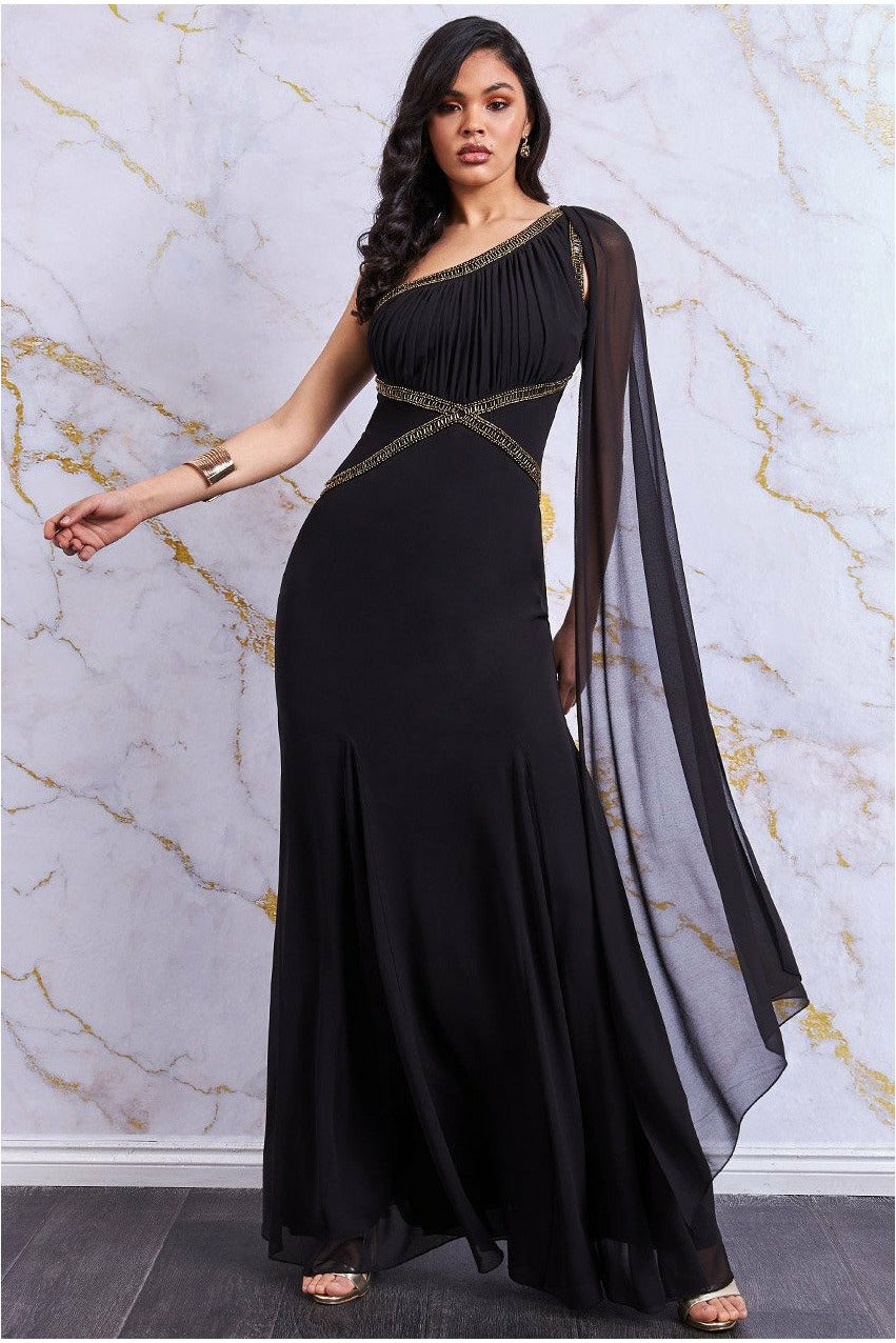 Embellished One Shoulder Grecian Maxi Dress - Black DR2907