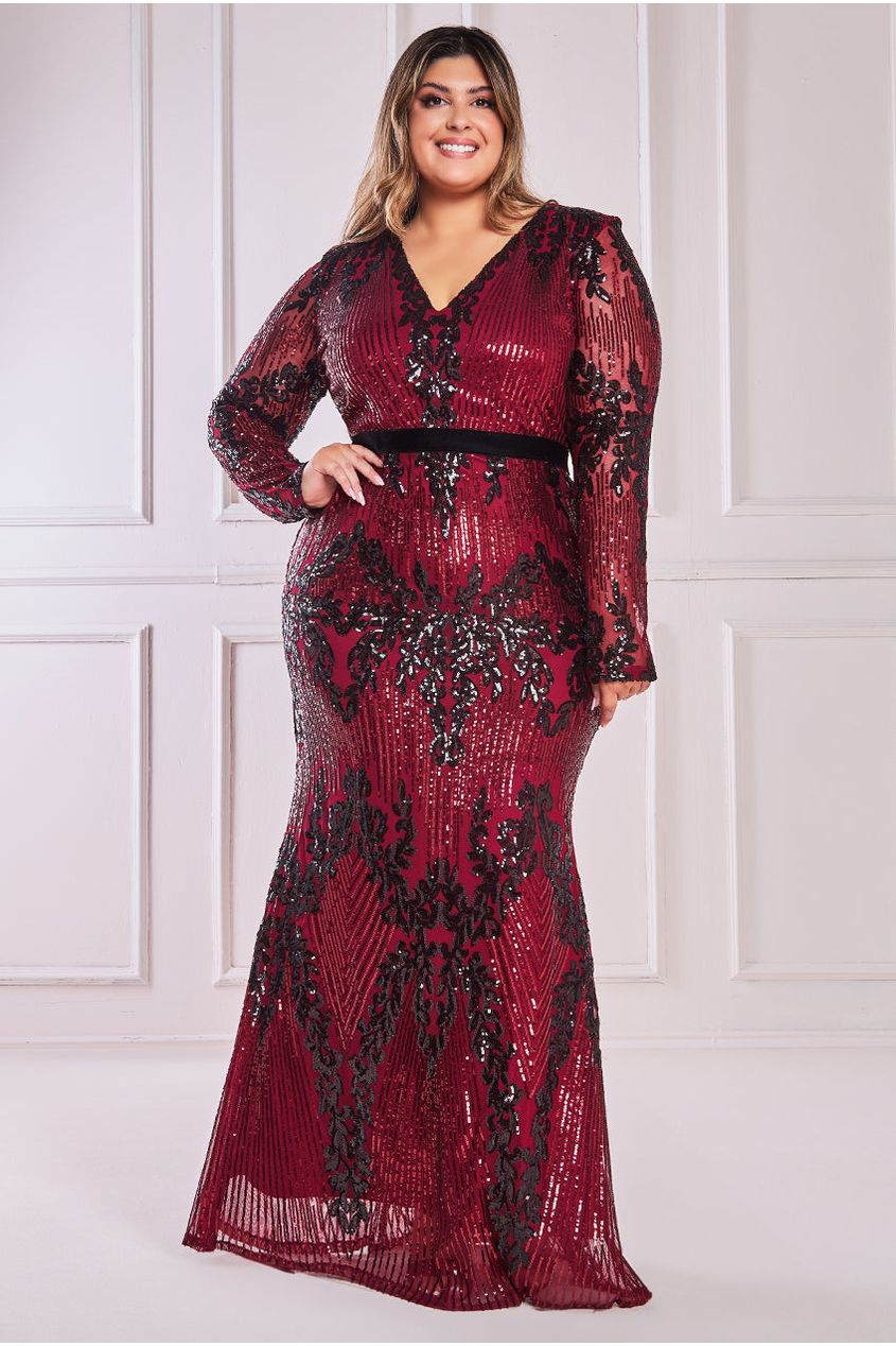 Long Sleeve Sequin Evening Maxi - Wine DR3016P