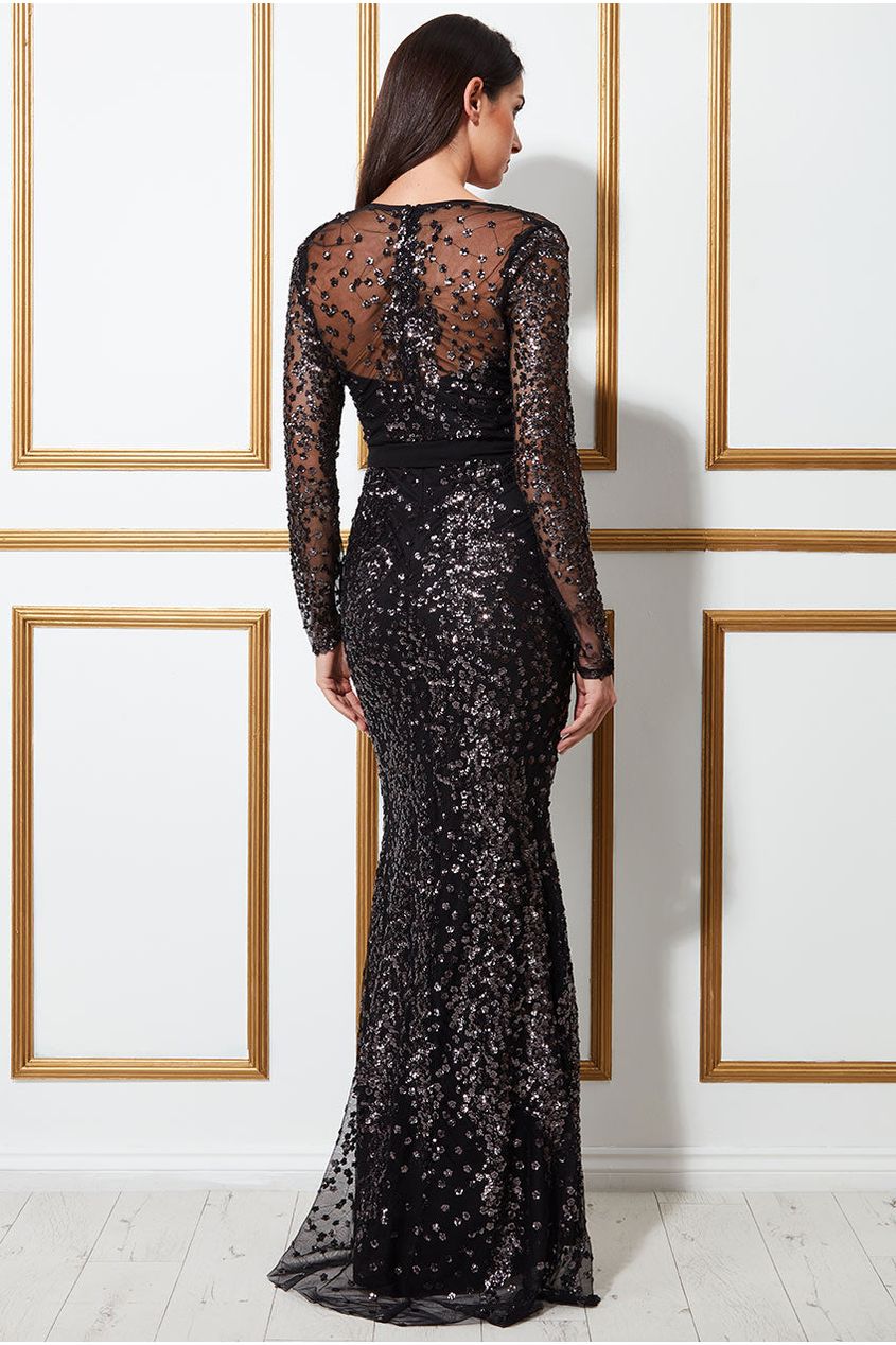 Spread On Sequin Maxi Dress With Belt - Black