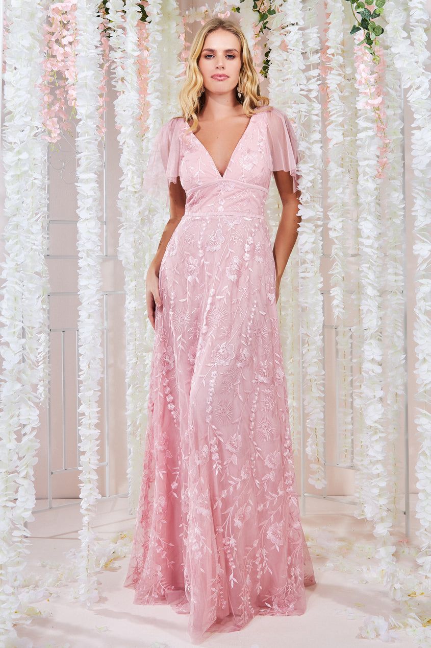 Embroidered Lace Maxi Flutter Sleeves - Blush DR3255