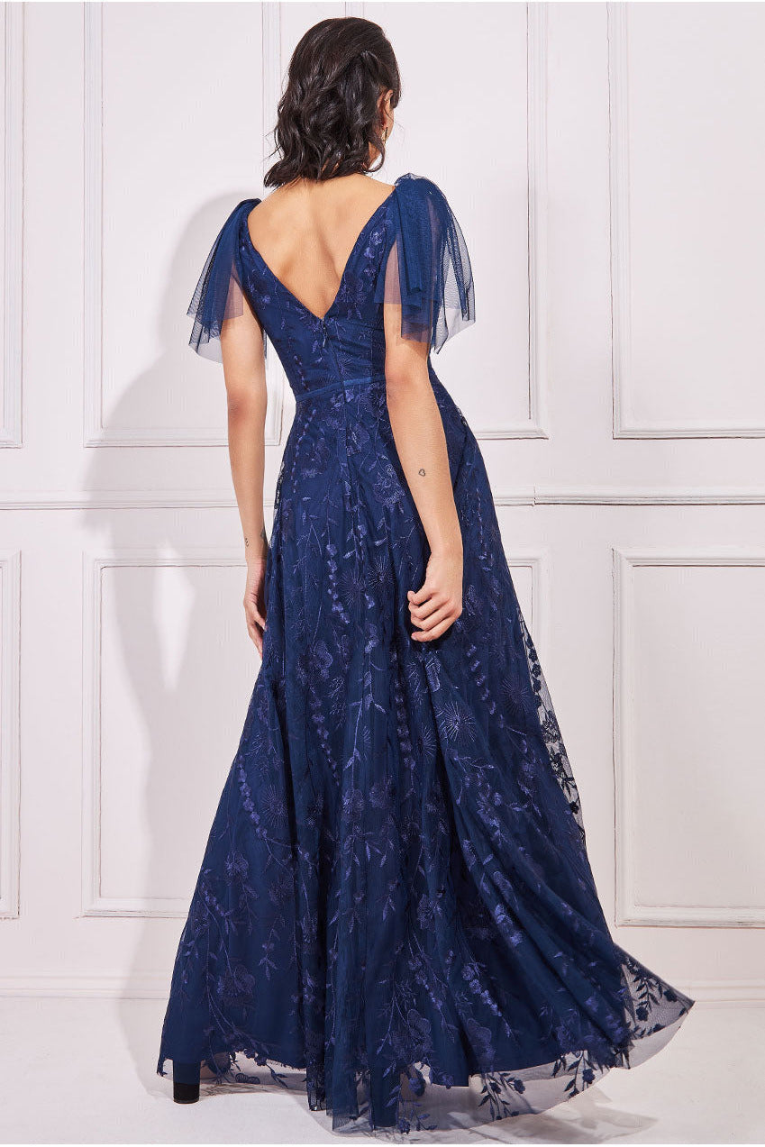 Embroidered Lace Maxi Flutter Sleeves - Navy DR3255