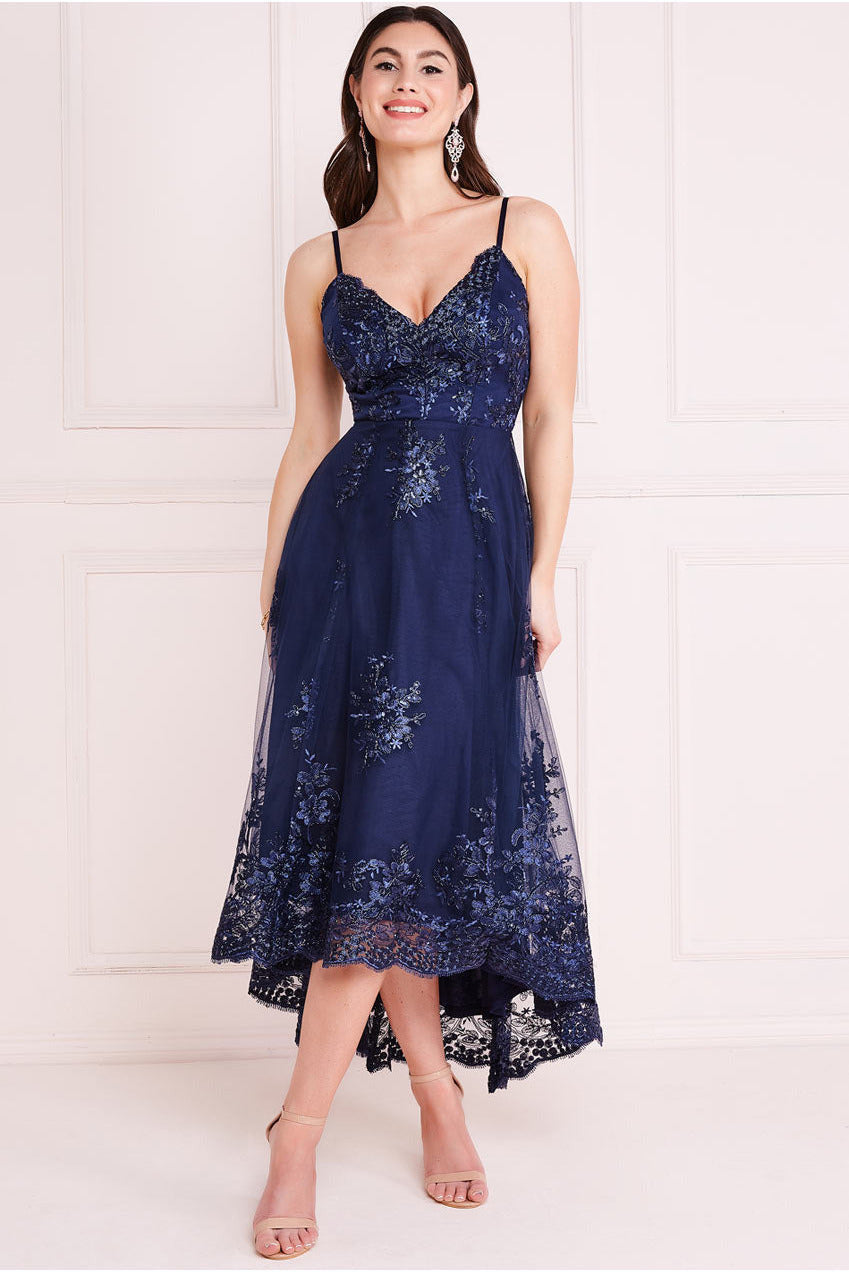 High Low Scalloped Midi Dress - Navy DR3333