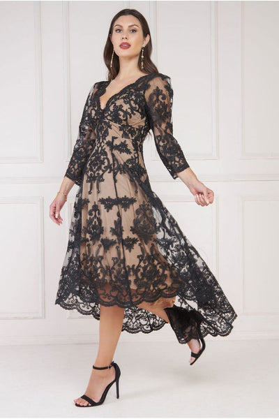 Scalloped Lace Dipped Hem Midi Dress - Black | Goddiva