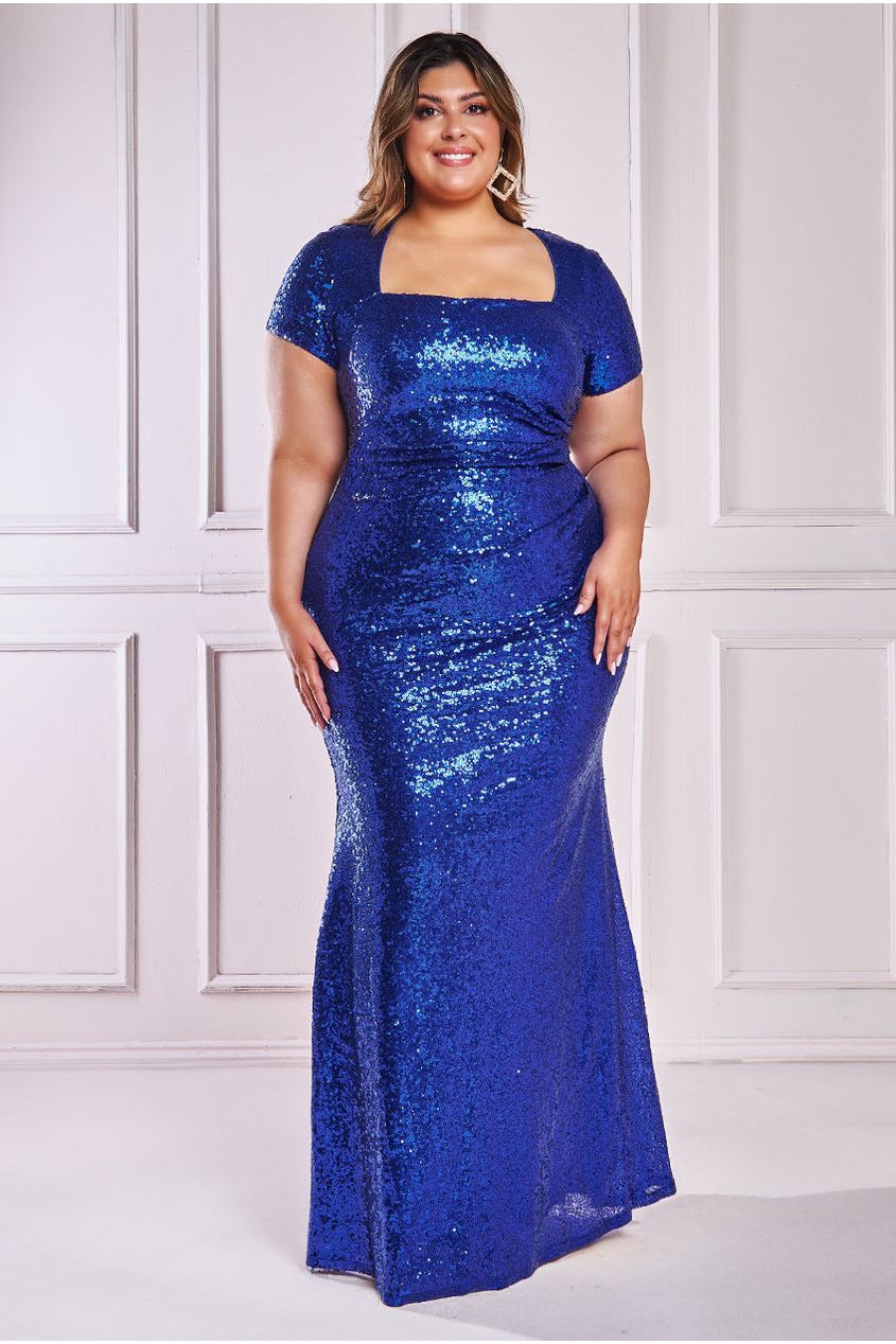 Sequin Portrait Neckline Maxi Dress - Royal Blue DR335P