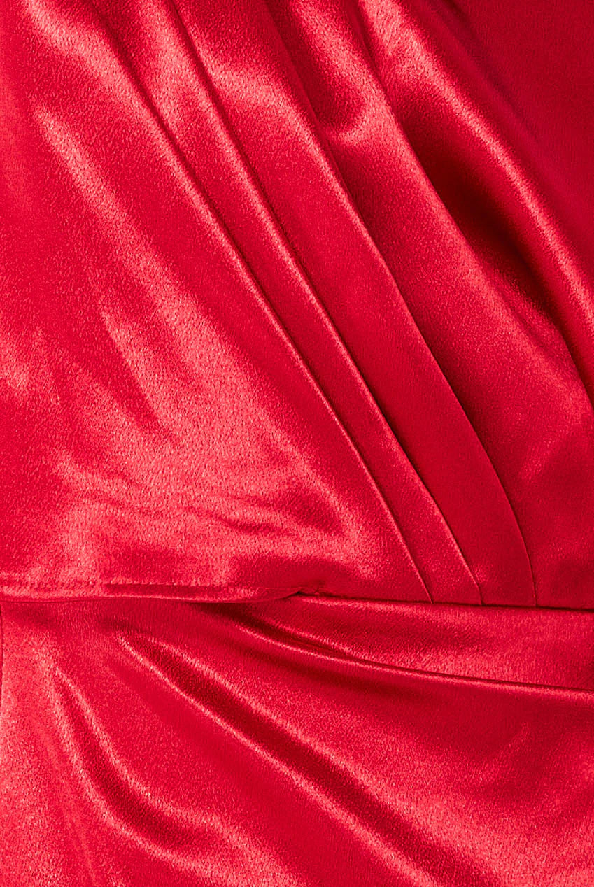 Satin Drape Shoulder Wrap Maxi Dress - Red DR3450