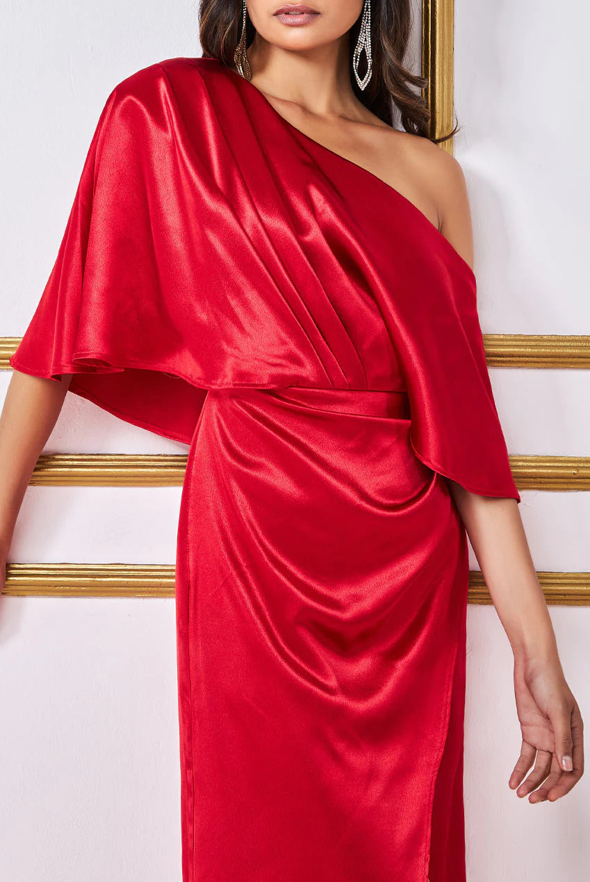 Satin Drape Shoulder Wrap Maxi Dress - Red DR3450