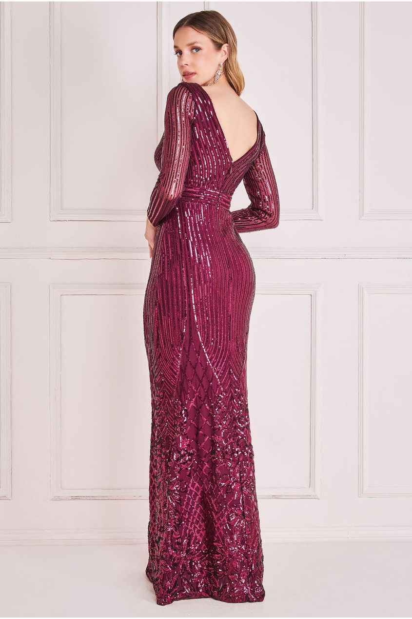 Long Sleeve Sequin V Wrap Maxi Dress - Burgundy DR3485