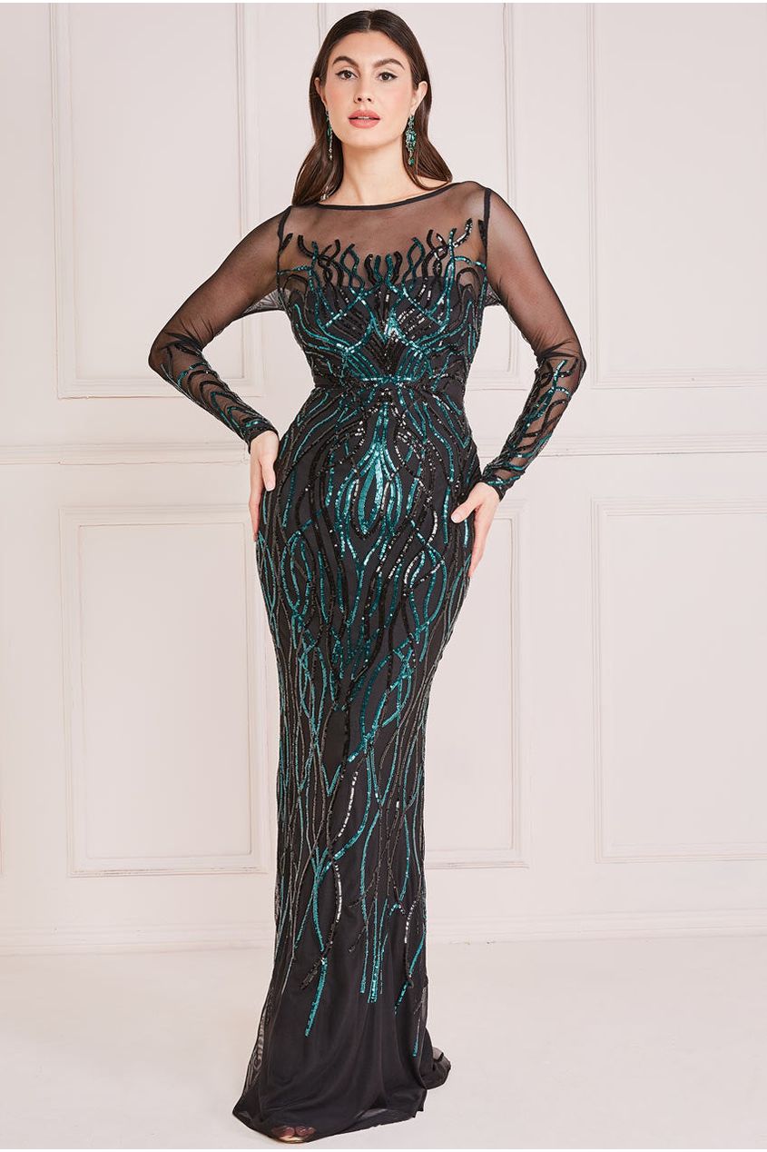 Long Sleeve Sequin Flame Maxi - Emerald DR3486