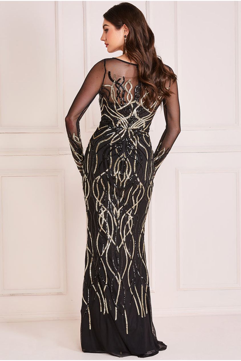Long Sleeve Sequin Flame Maxi - Gold DR3486