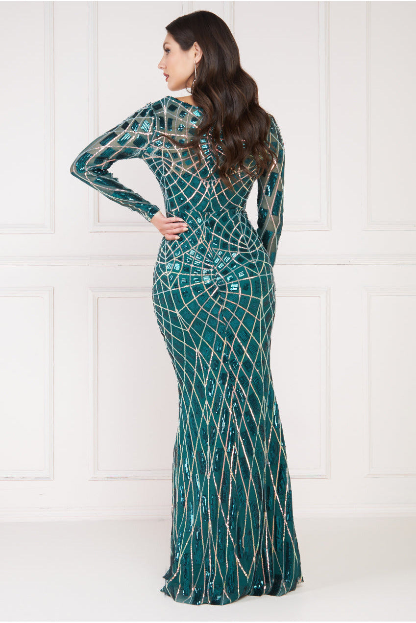 Geo Sequin Long Sleeve Maxi Dress - Emerald DR3495