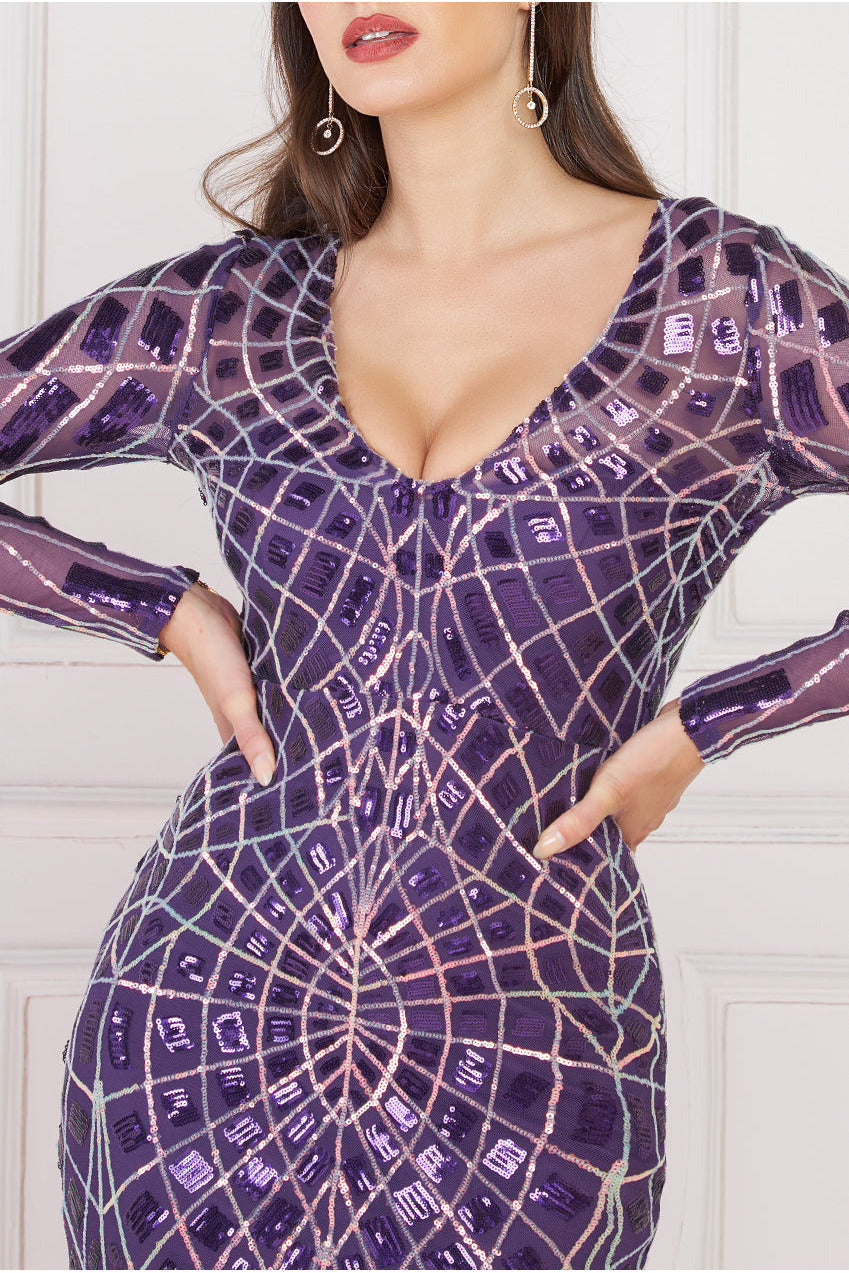 Geo Sequin Long Sleeve Maxi Dress - Purple DR3495