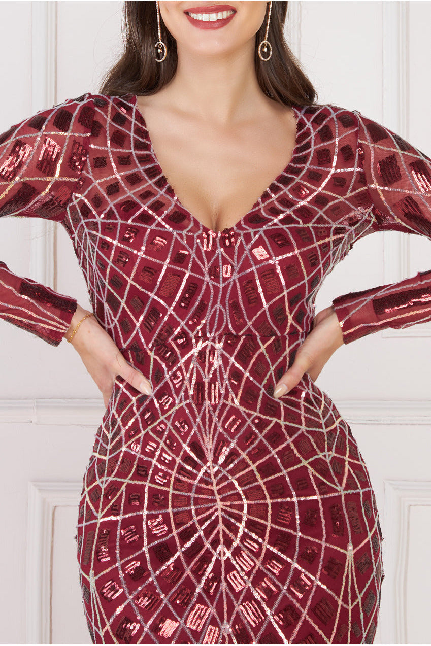 Geo Sequin Long Sleeve Maxi Dress - Wine DR3495