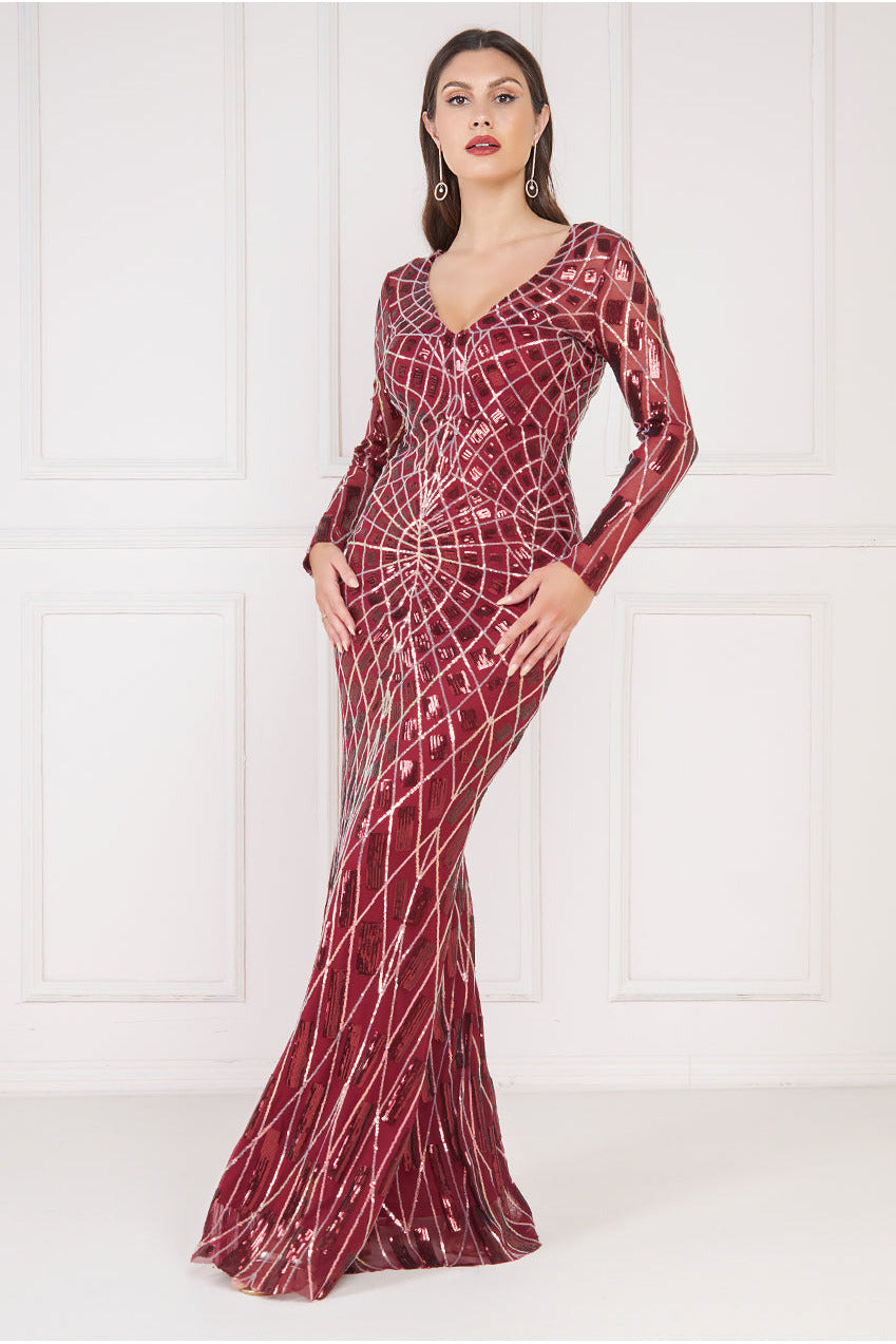 Geo Sequin Long Sleeve Maxi Dress - Wine DR3495