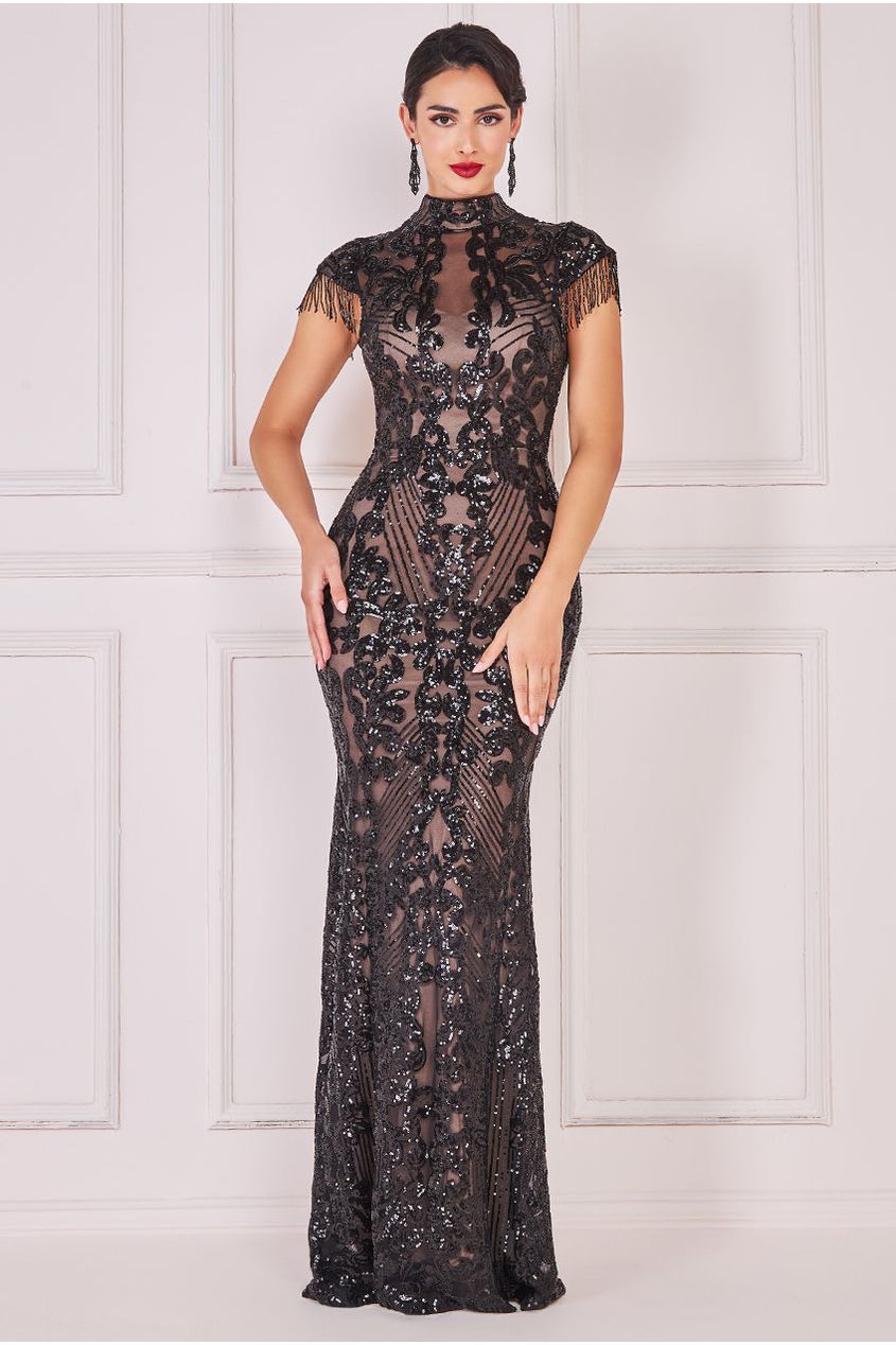 Embroidered Sequin Beaded Cap Sleeve Maxi - Black DR3591