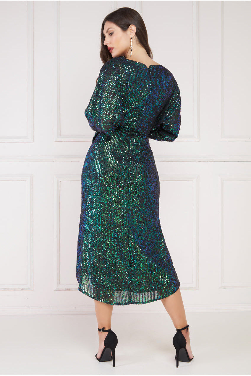 Wrap Style Sequin Midi Dress - Emerald DR3644