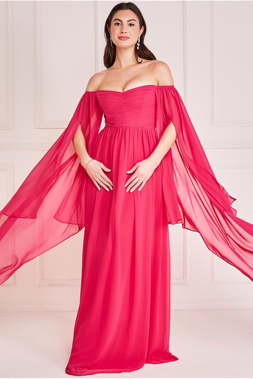 Chiffon Off The Shoulder Maxi With Wings - Hot Pink DR3780