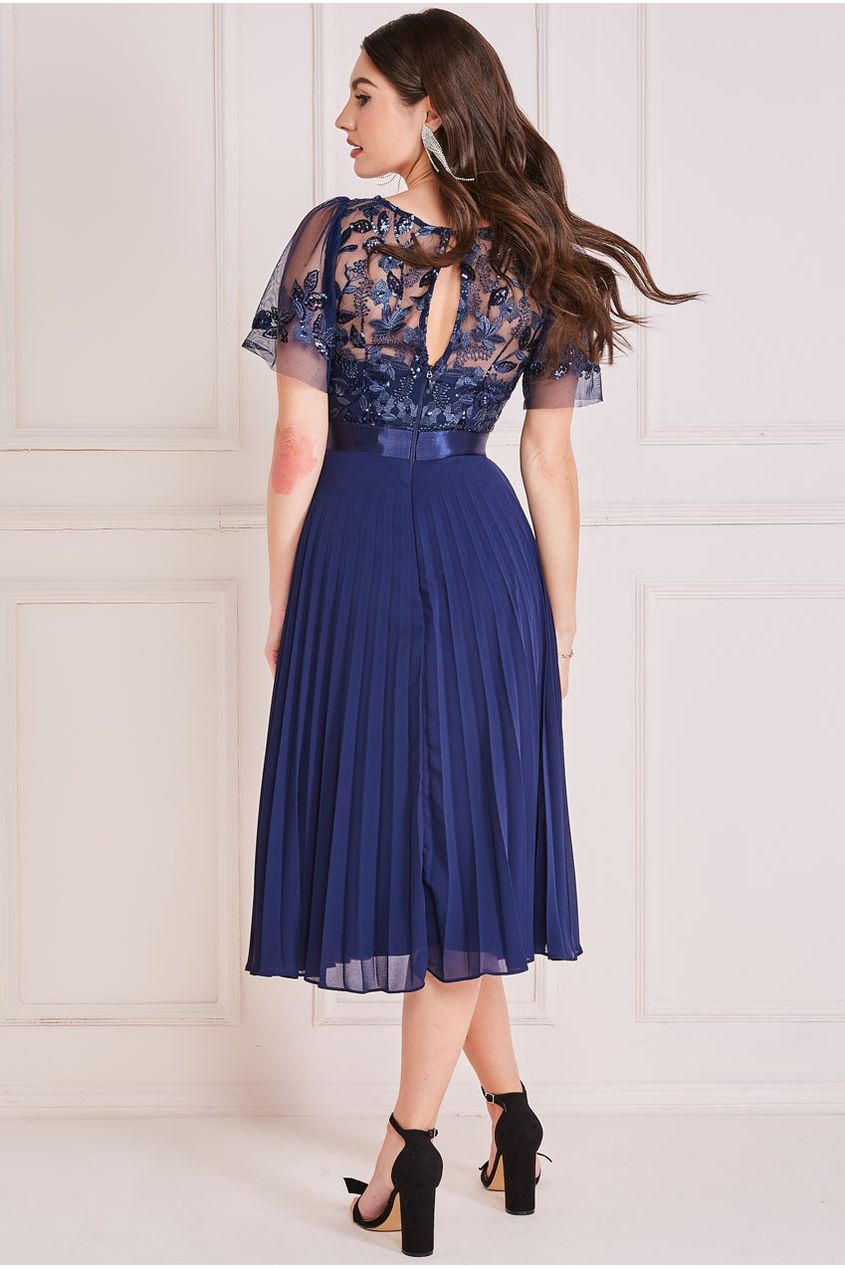 Embroidered Top Chiffon Pleated Midi - Navy DR3802
