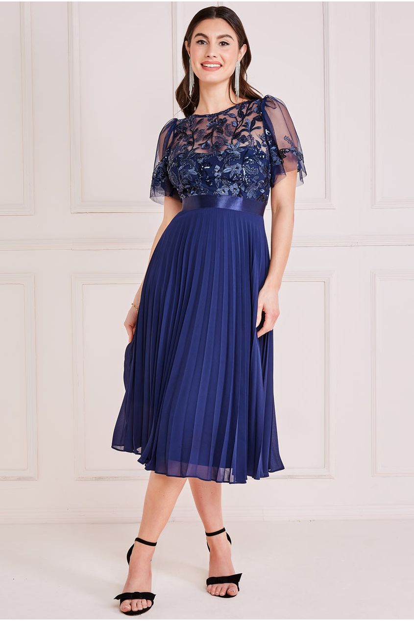 Embroidered Top Chiffon Pleated Midi - Navy DR3802