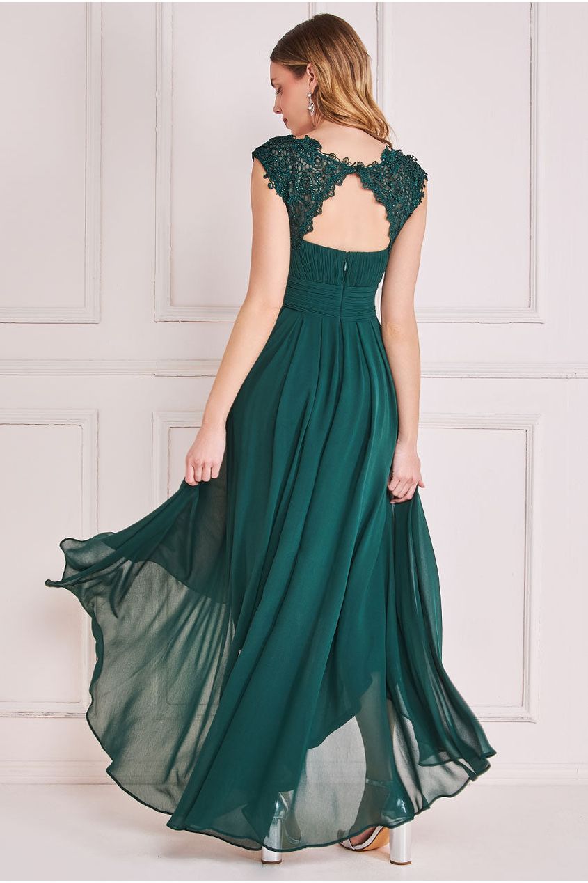 Crochet & Pleated Top High Low Maxi - Emerald DR3820