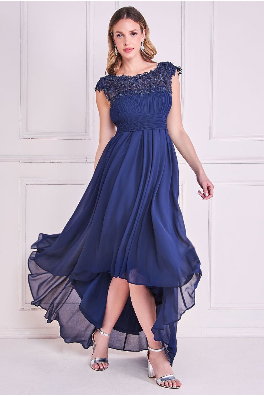 Crochet & Pleated Top High Low Maxi - Navy DR3820