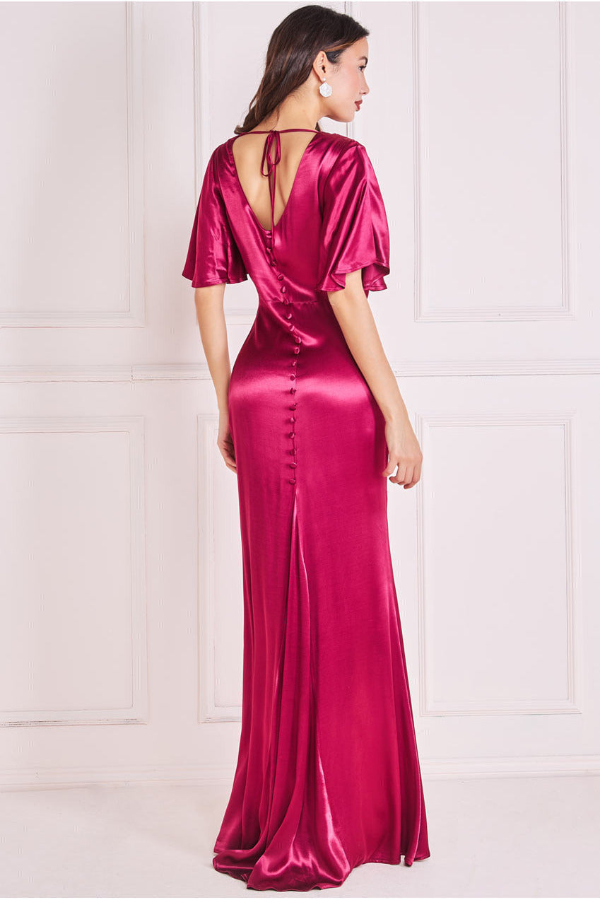 Satin Viscose Cowl Neck Maxi With Train - Burgundy DR3857