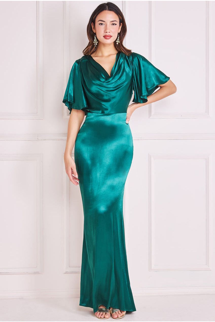 Satin Viscose Cowl Neck Maxi With Train - Emerald DR3857