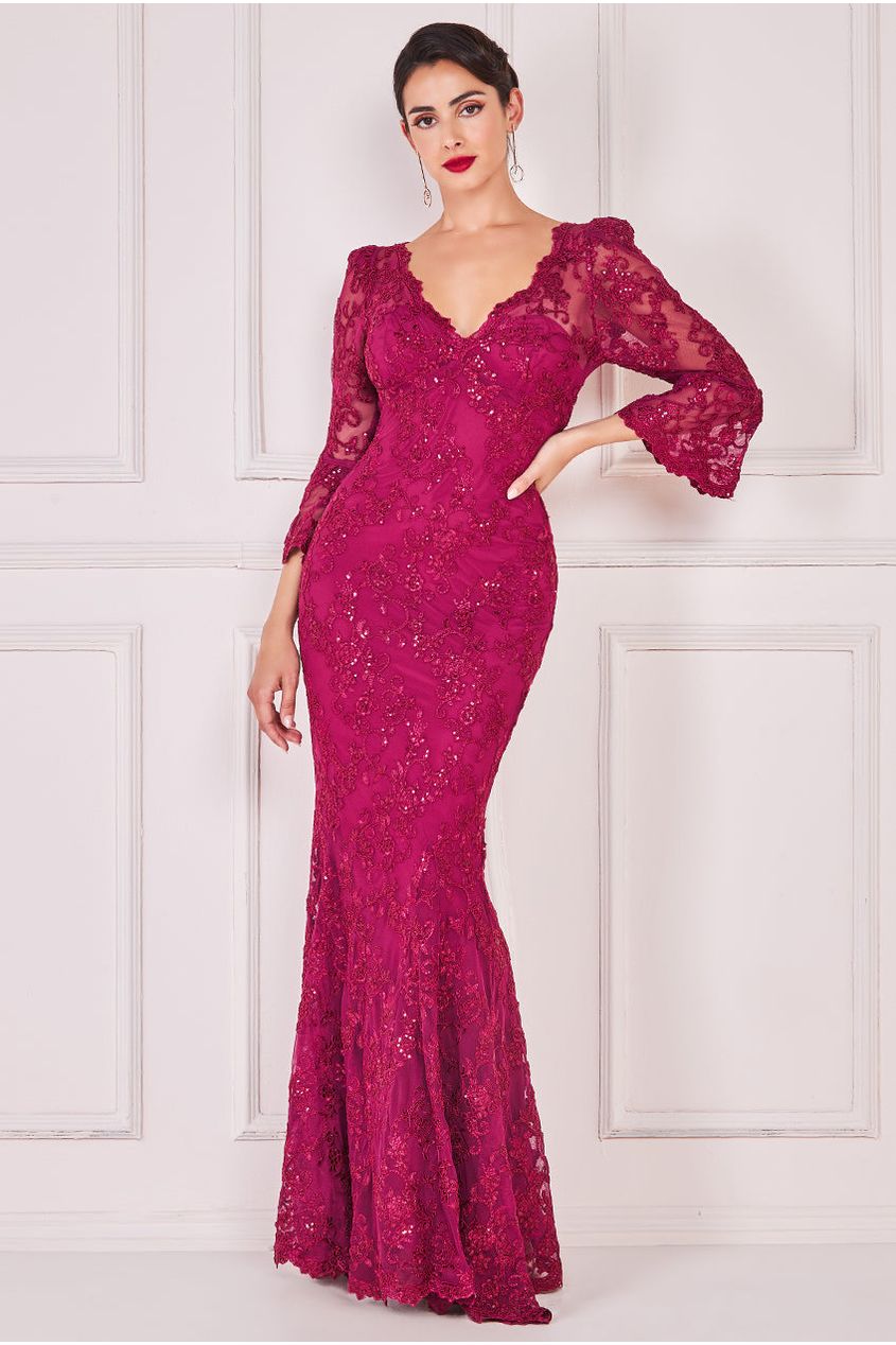 Scalloped Lace Maxi Dress - Burgundy DR3897