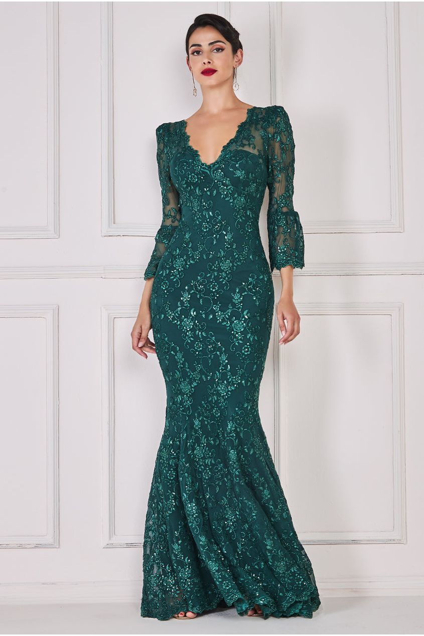 Scalloped Lace Maxi Dress - Emerald Green DR3897