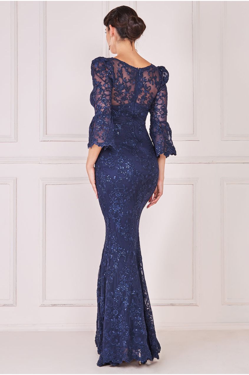 Scalloped Lace Maxi Dress - Navy DR3897