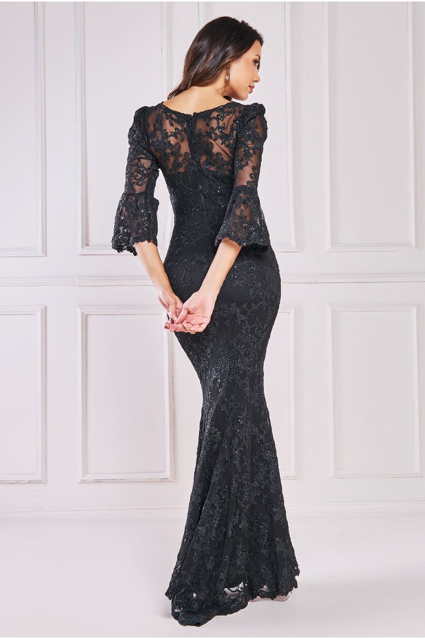 Scalloped Lace Maxi Dress - Black DR3897