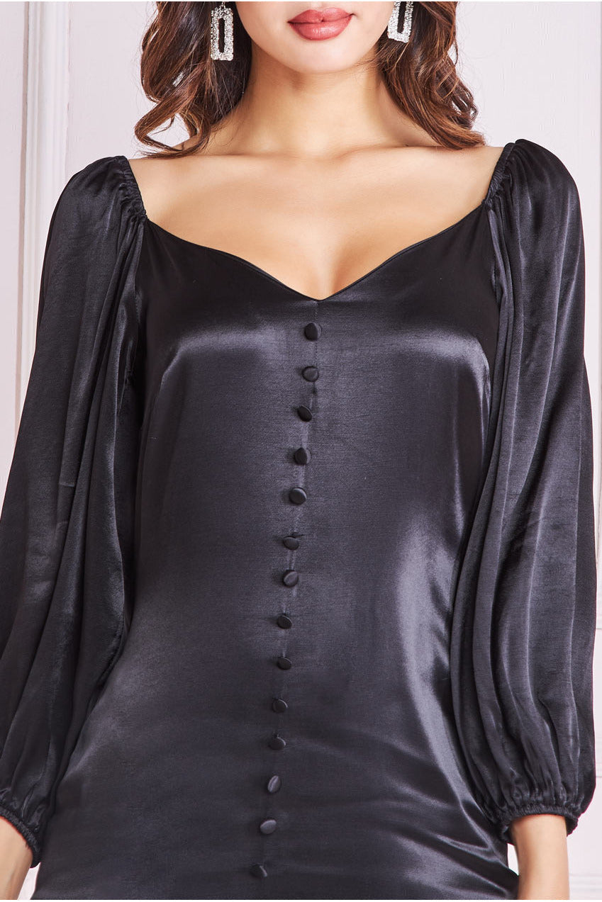 Satin Viscose Front Buttoned Dipped Hem Midaxi Dress - Black DR3899
