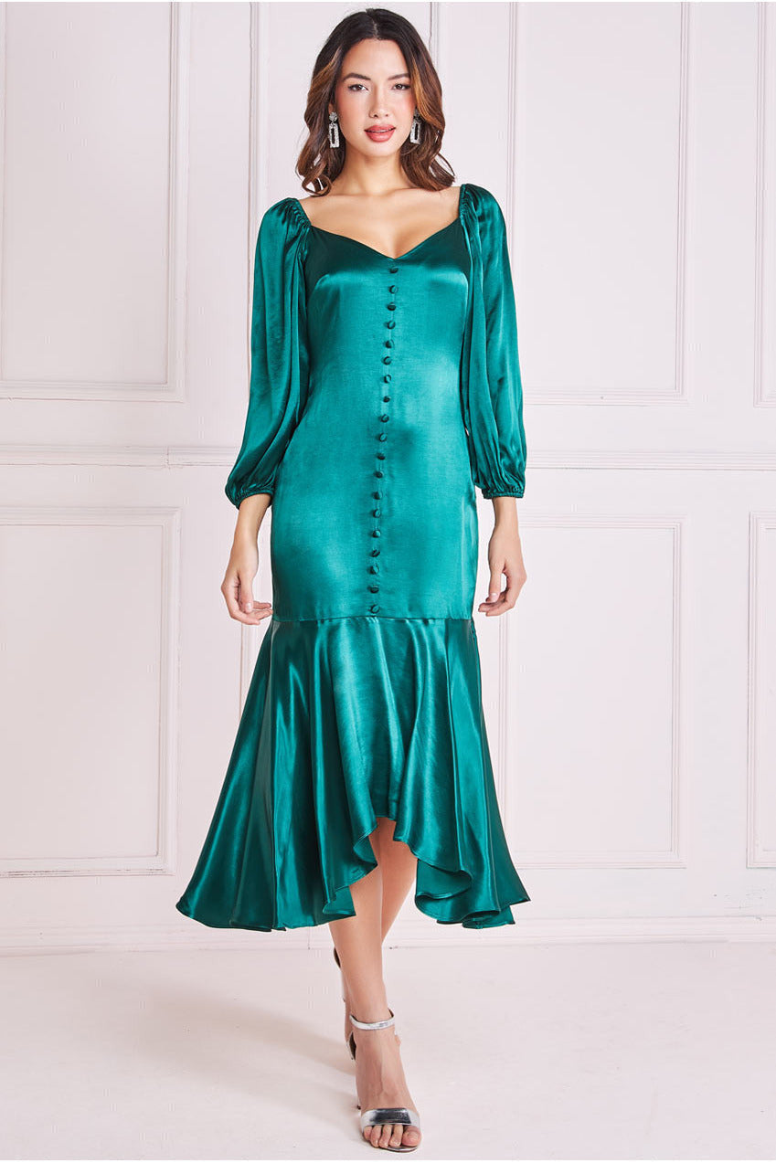 Satin Viscose Front Buttoned Dipped Hem Midaxi Dress - Emerald DR3899