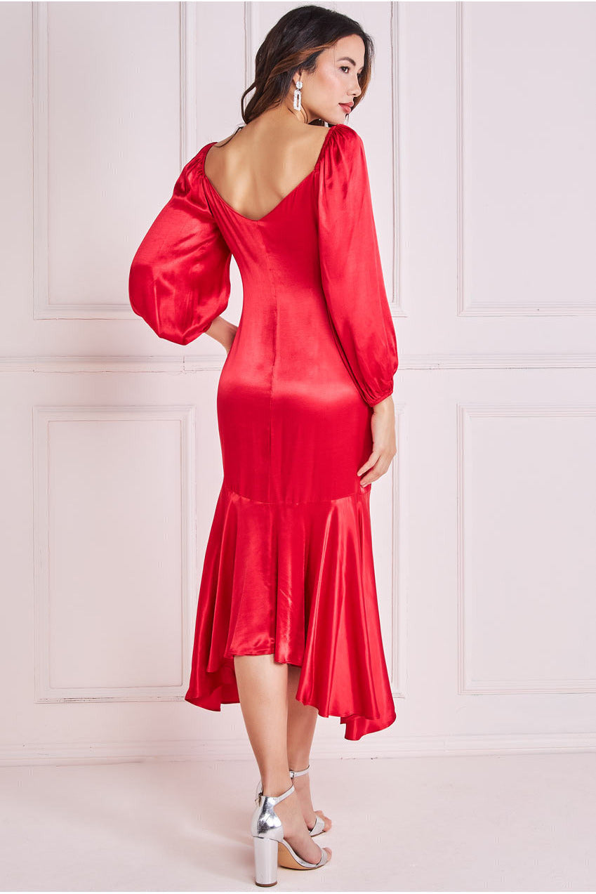 Satin Viscose Front Buttoned Dipped Hem Midaxi Dress - Red DR3899