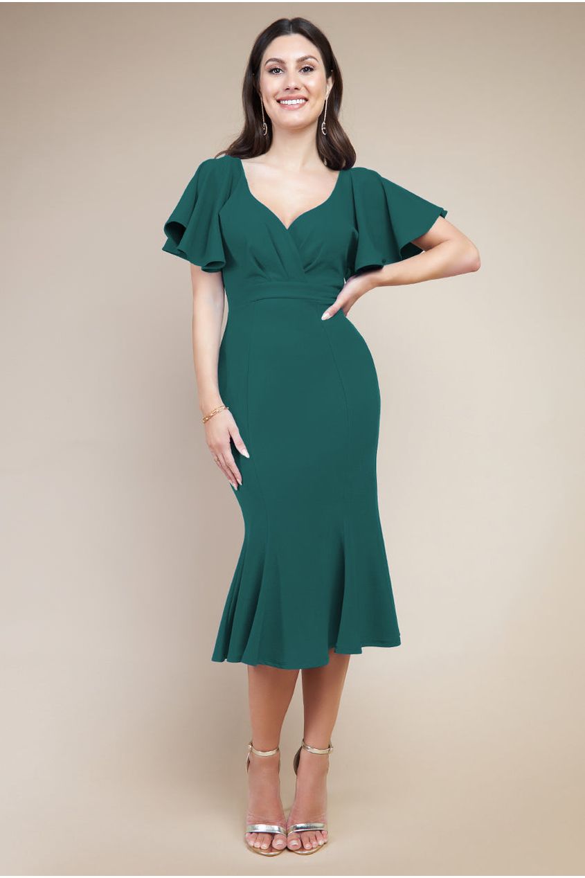Flared Sleeve Front Wrap Midi Dress - Emerald Green DR3952