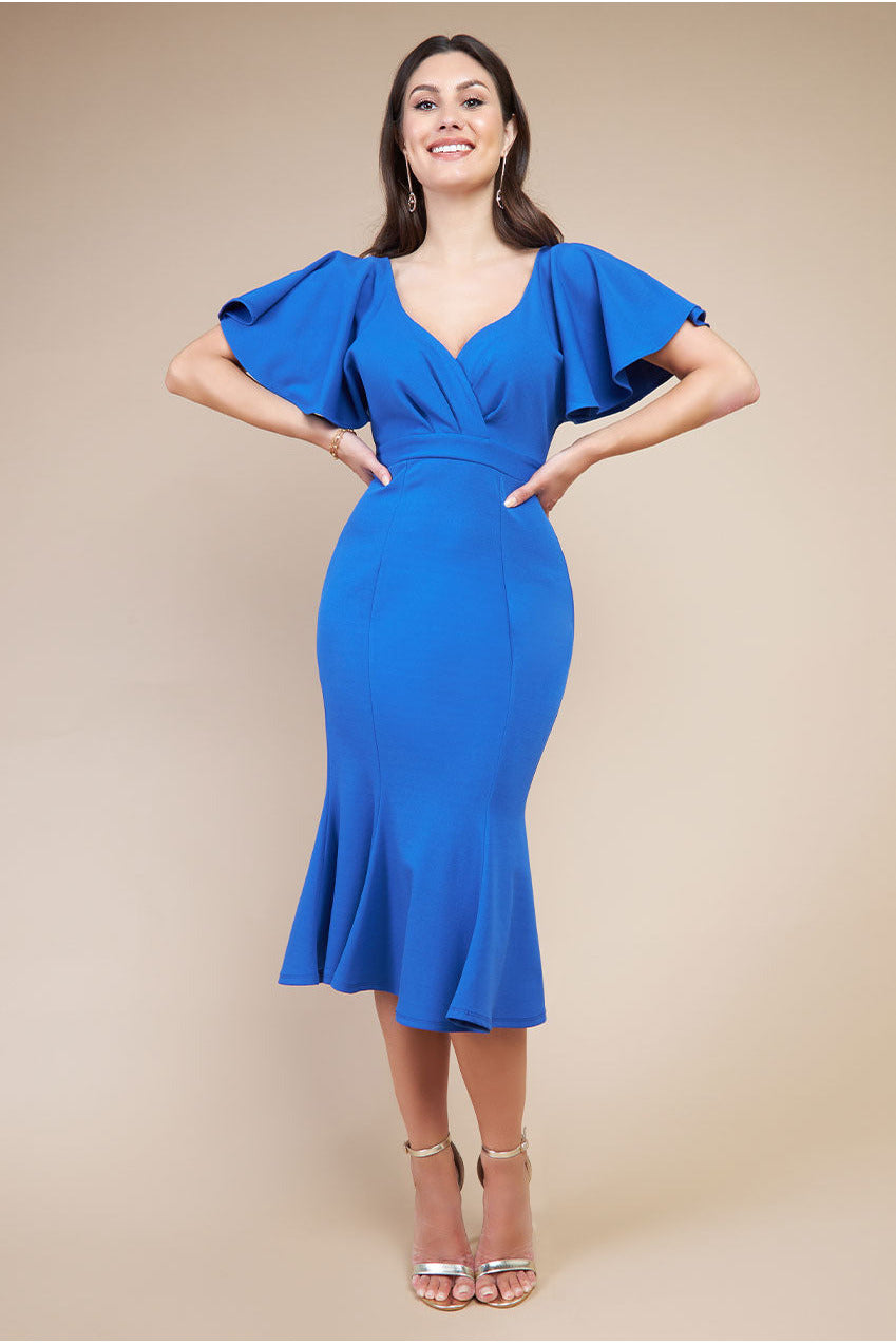Flared Sleeve Front Wrap Midi Dress - Royal Blue DR3952