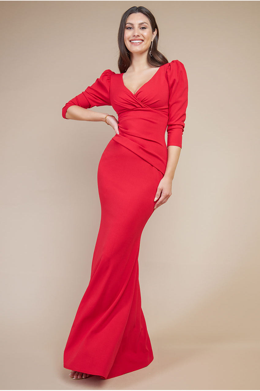 Front Wrap Pleated Scuba Maxi Dress - Red DR3975