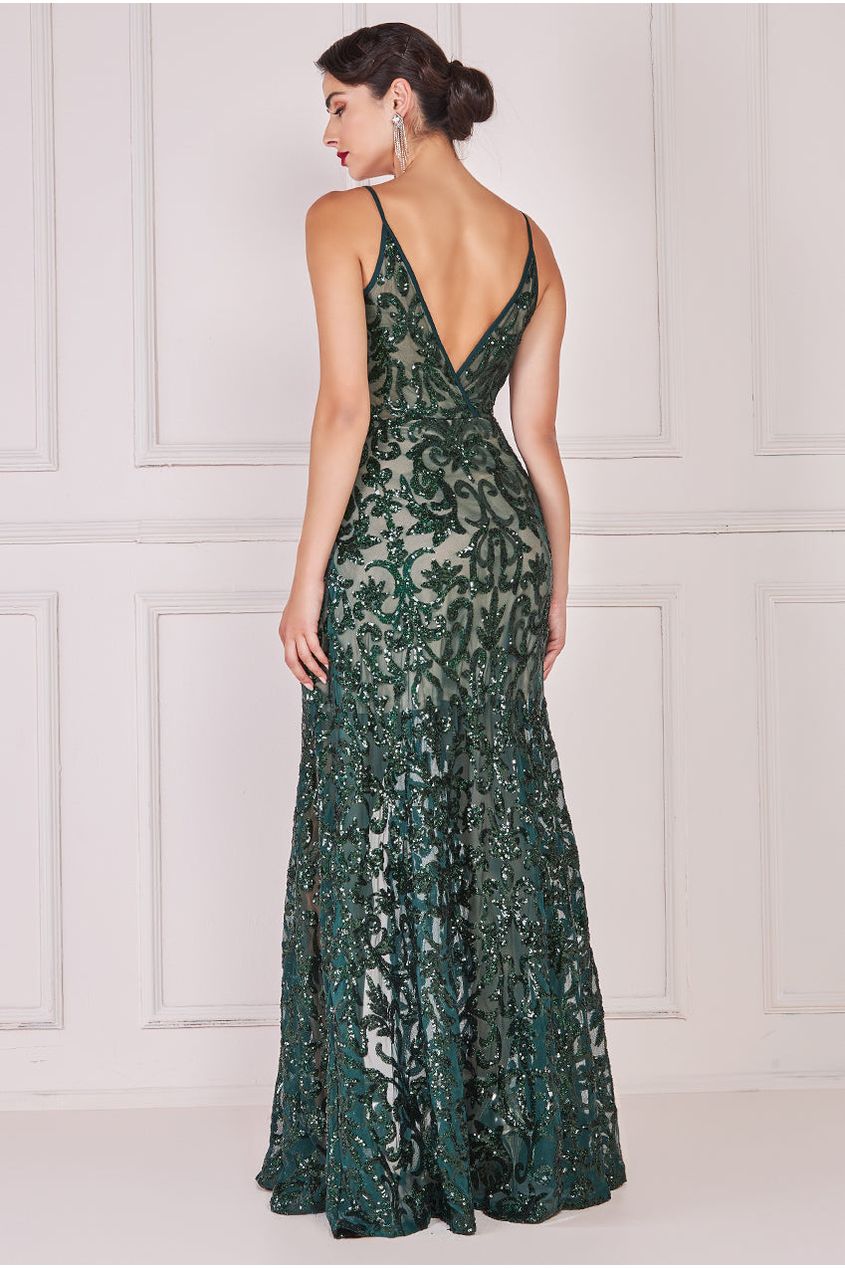 Iridescent Sequin Maxi With Front Split - Emerald DR3986
