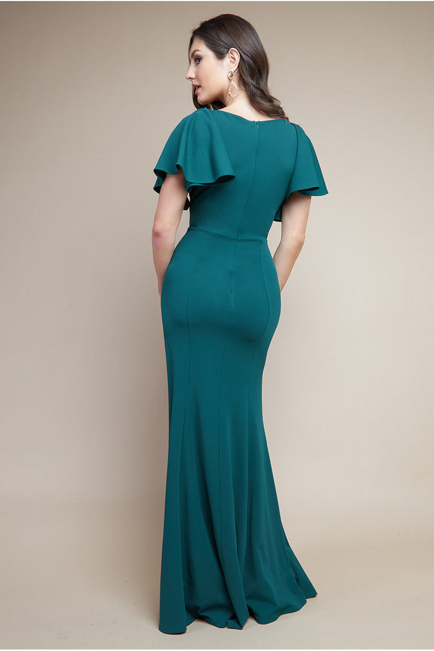 Flared Sleeve Front Wrap Maxi Dress - Emerald Green DR3997
