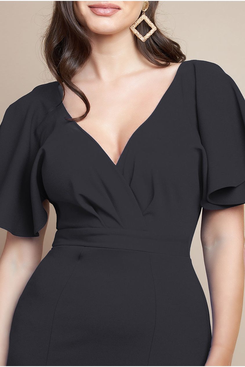 Flared Sleeve Front Wrap Maxi Dress - Black DR3997