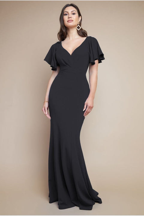 Goddiva Flared Sleeve Front Wrap Maxi Dress Black