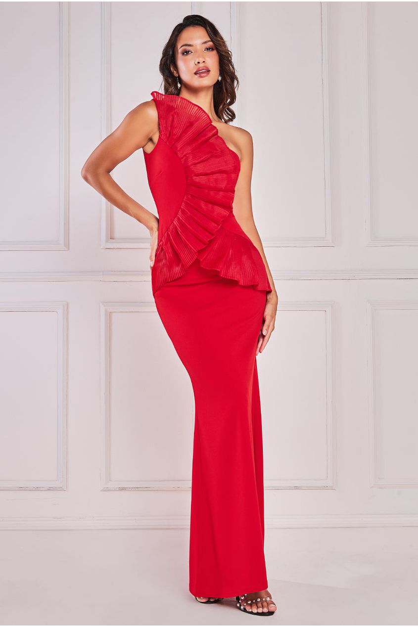 One Shoulder Pleated Fan Maxi - Red DR4075