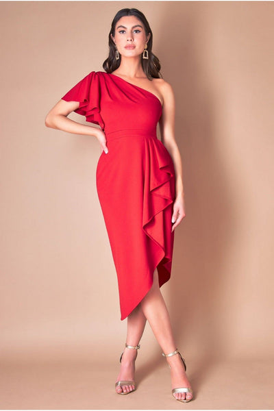 Waterfall Sleeve Wrap Midi Dress - Red by Goddiva
