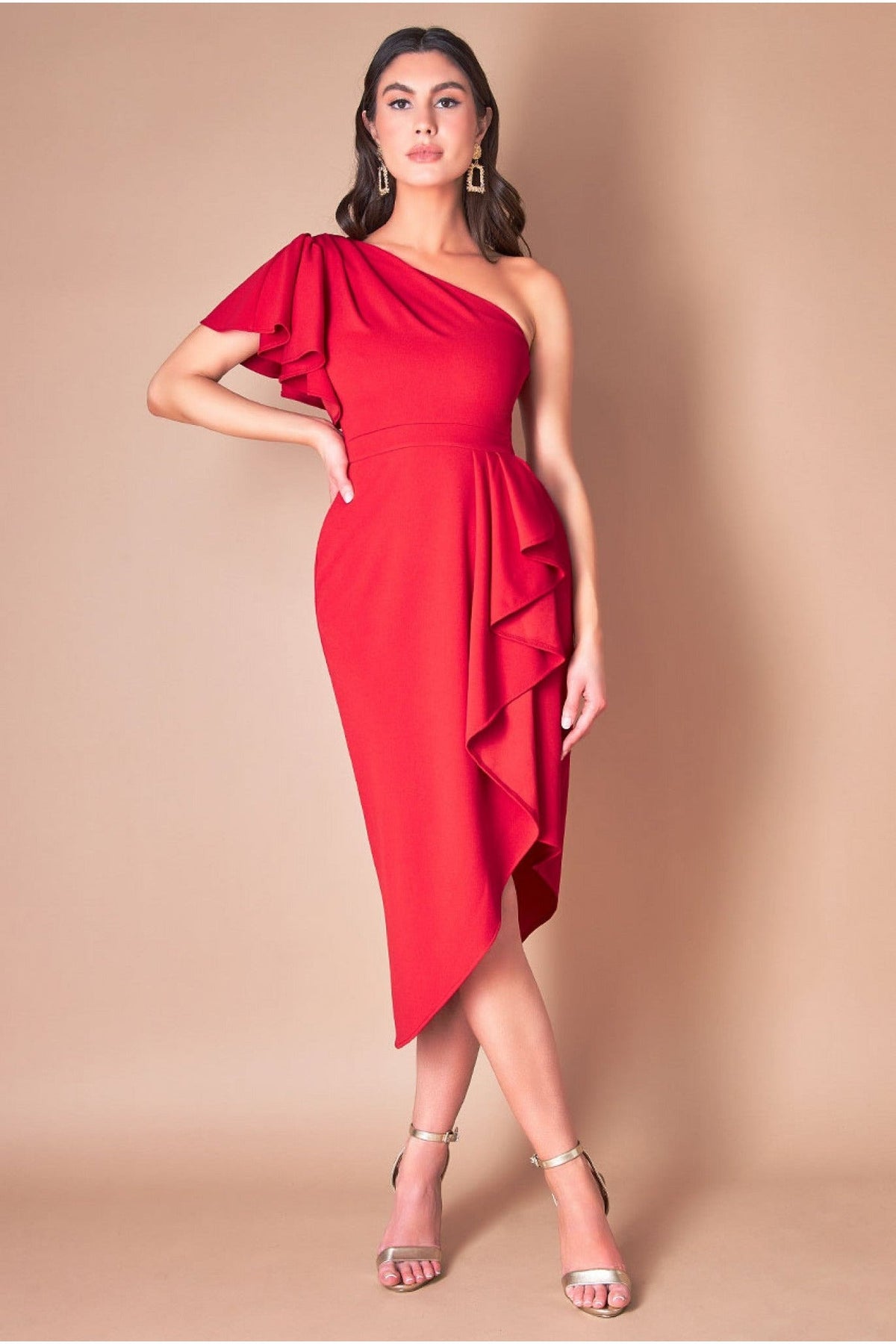 Waterfall Sleeve Wrap Midi Dress - Red DR3990