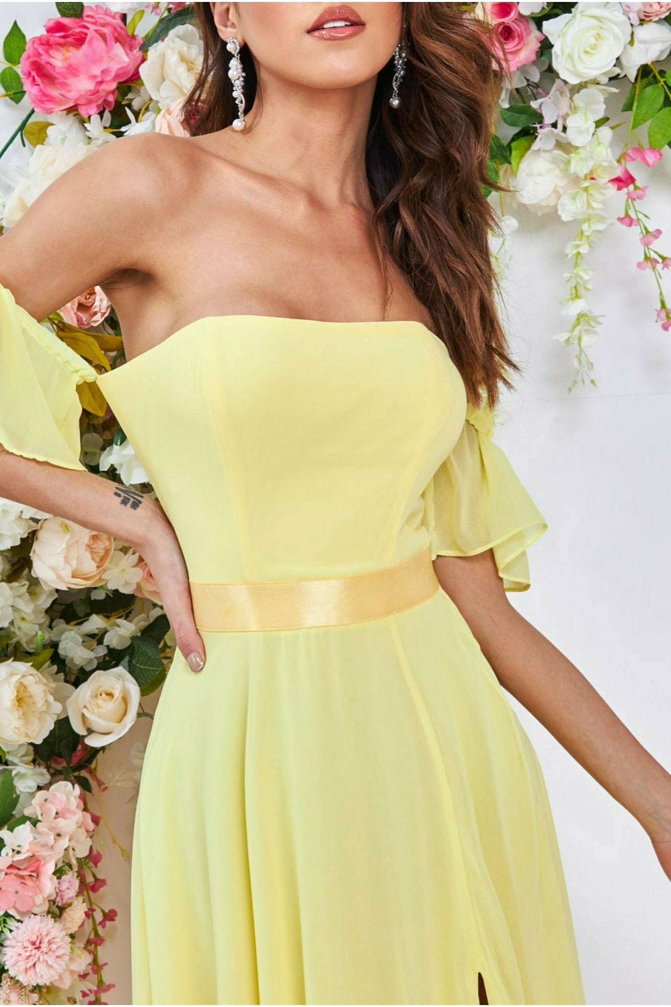 Draped Off The Shoulder Maxi With Split - Yellow DR3070A