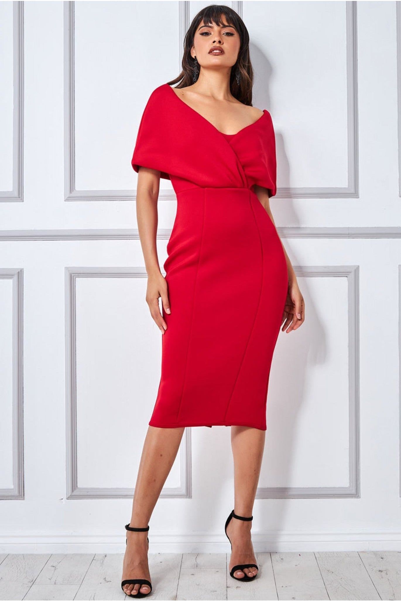 Off The Shoulder Scuba Foam Midi Dress - Red DR3451