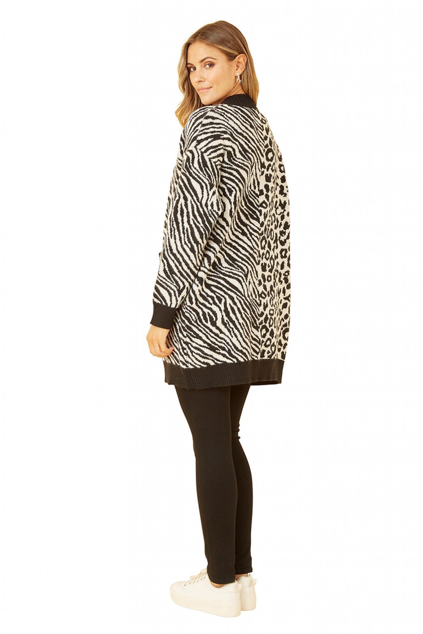 Black Zebra And Leopard Print Knitted Intarsia Cardigan YM3889A018