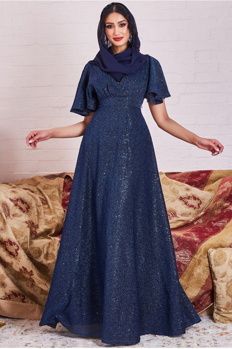 Modesty Lurex Flutter Sleeve Maxi - Navy DR3680MOD