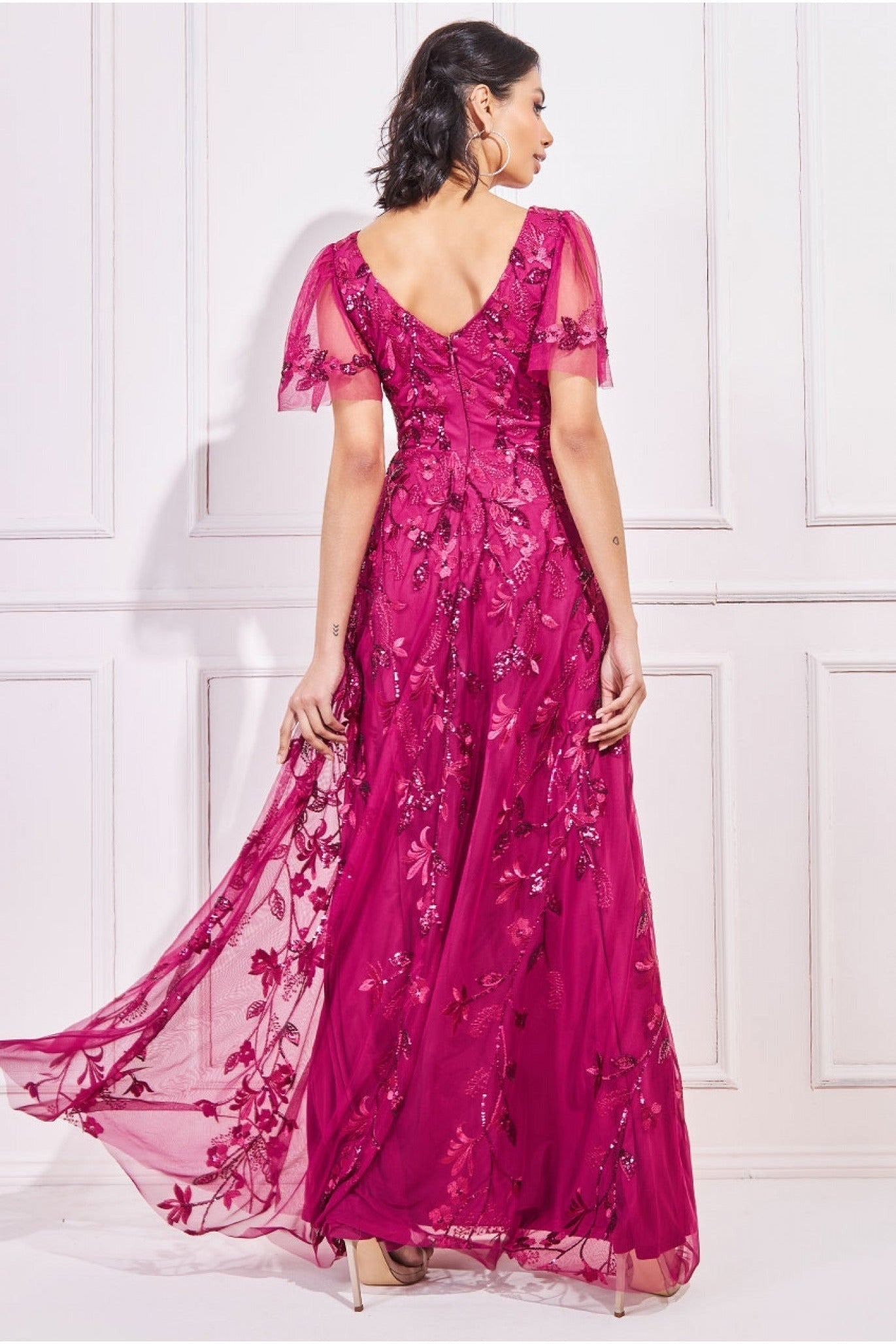 Flared Sleeve Embroidered Maxi Dress - Magenta DR3279A