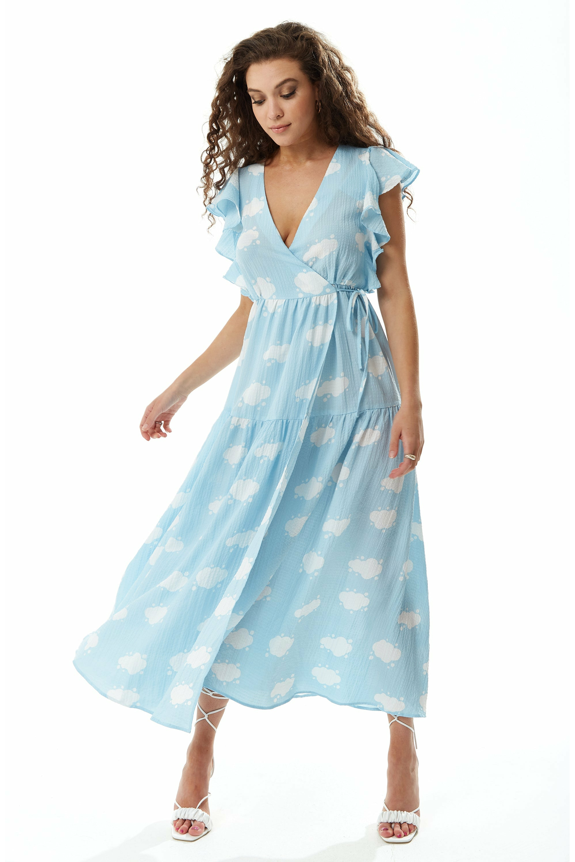 Cloud Print Midi Wrap Dress With Frill Sleeve Blue LIQ22SS020